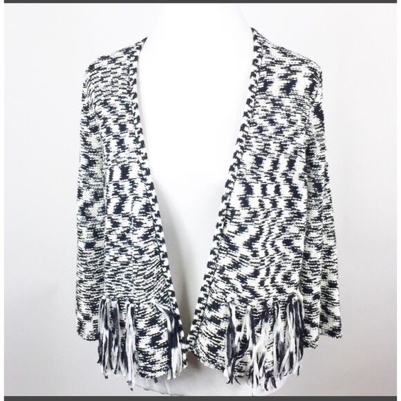Chico's Womens Cardigan  Small Black White Open Front Ribbon Fringe Detail - Picture 1 of 7